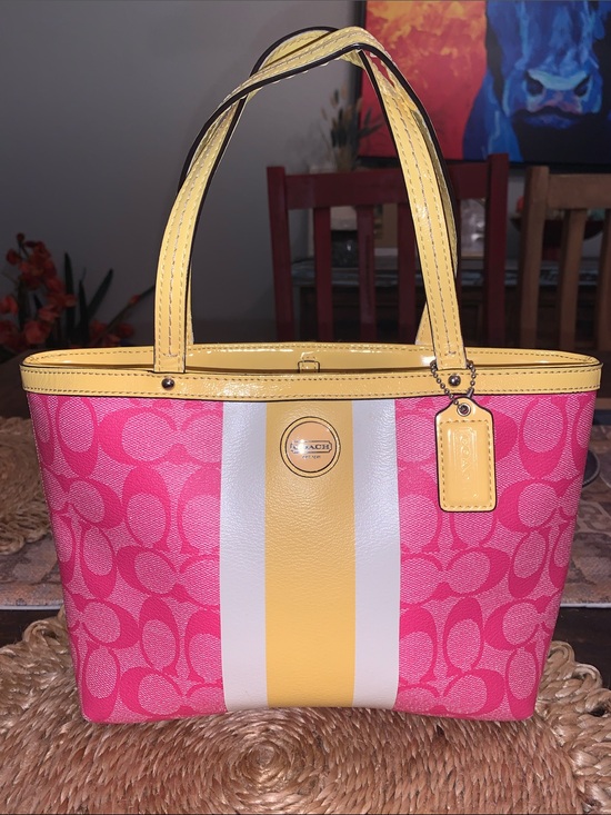 Coach Handbags - Coach Pink and Yellow Signature Stripe Mini Tote Bag Vintage 2013